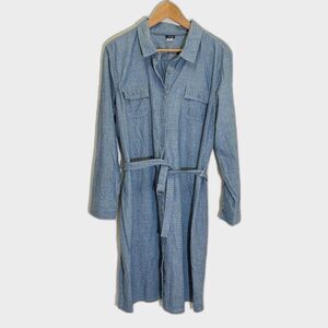 Basic Editions - Belted Denim Polka Dot Shirt Dress Long Sleeve  - size L